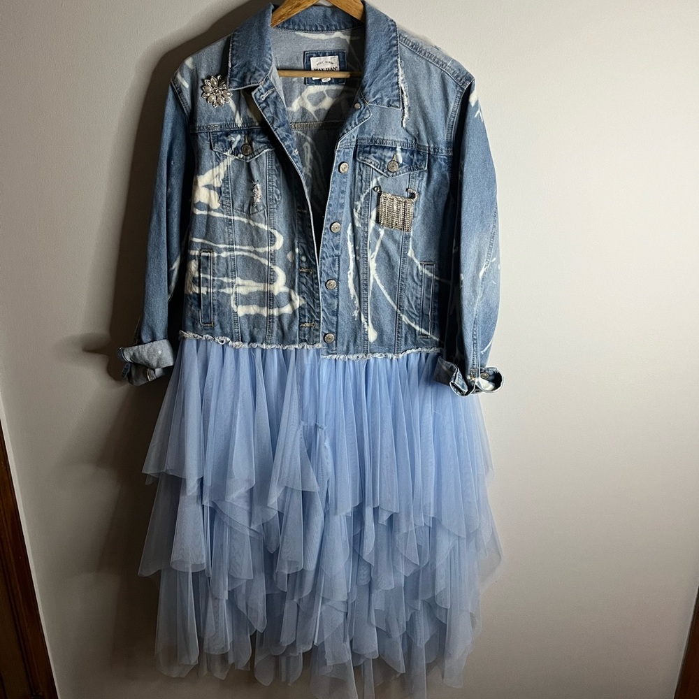 Custom Made Wax Jean Jacket with Blue Chiffon. Brooches are Included. Size S
